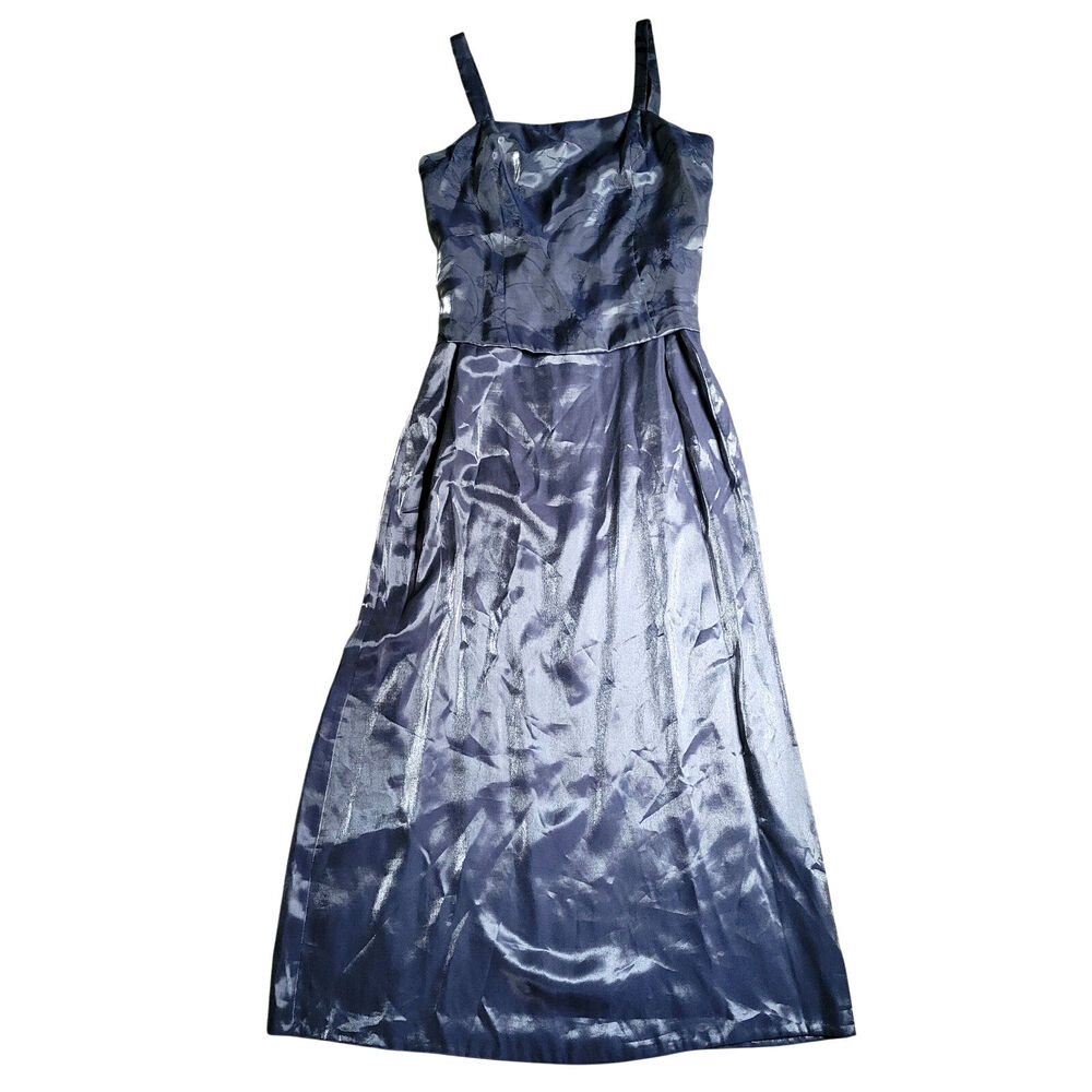 Vintage 90s Womens 12 Silver Blue Gown Long Formal Dress Sleeveless Satin Maxi